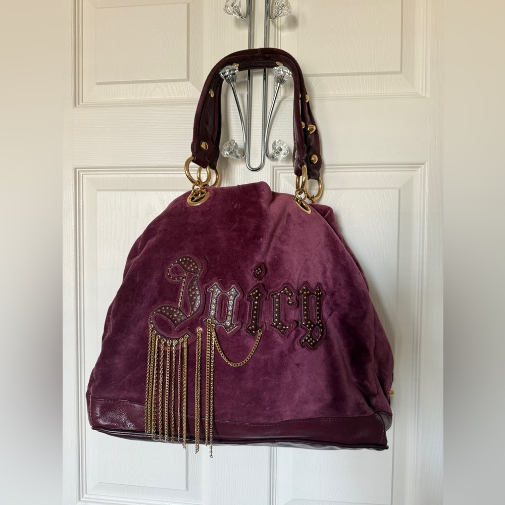 RARE ! Vintage Juicy Couture Burgundy Velvet Bag Velour Dream Gold chain Y2K